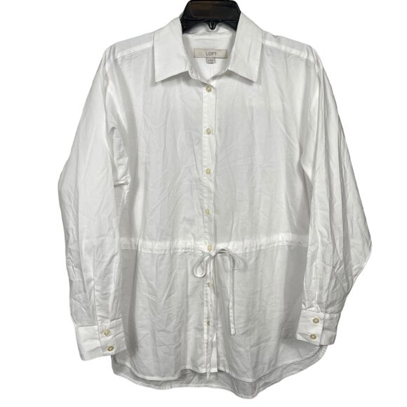 LOFT Drawstring Tunic Shirt Top Womens Small White Elastic Waist Business Casual - Picture 2 of 12